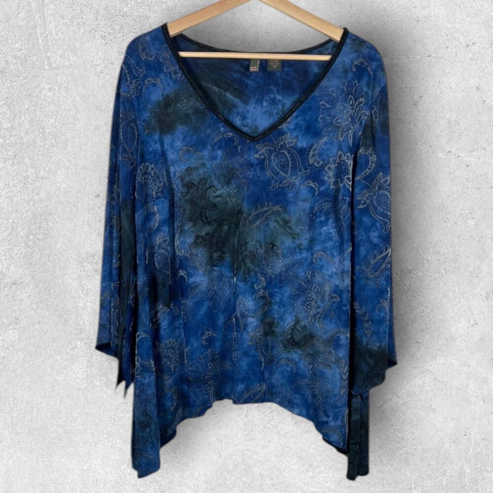 Serenade New York Womens Y2K Whimsigoth Blouse Top Plus 2X Blue Sharkbite Hem